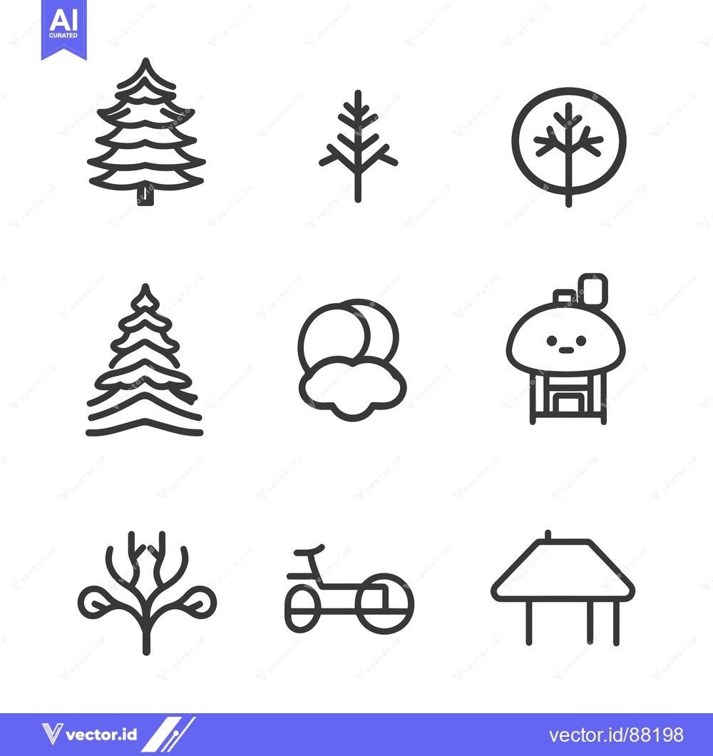 Premium Vector of Nine Outline Icons Depicting Trees, Clouds, a House, a Bicycle, and a