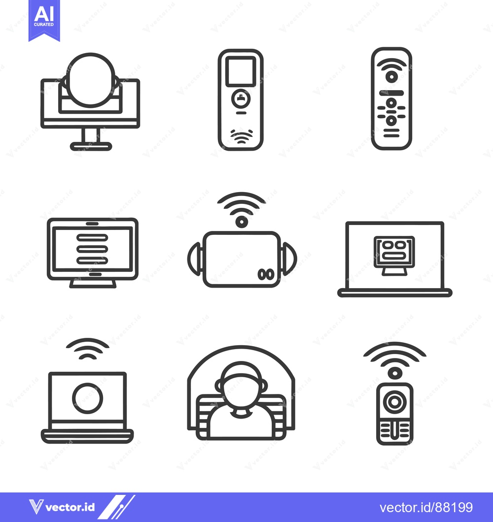 Premium Vector of Nine Outline Icons Depicting Wireless Technology and Devices