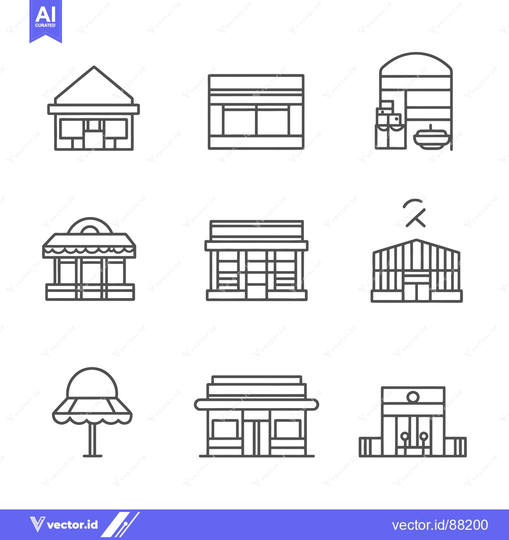 Premium Vector dari Nine Outline Icons of Different Shop Facades