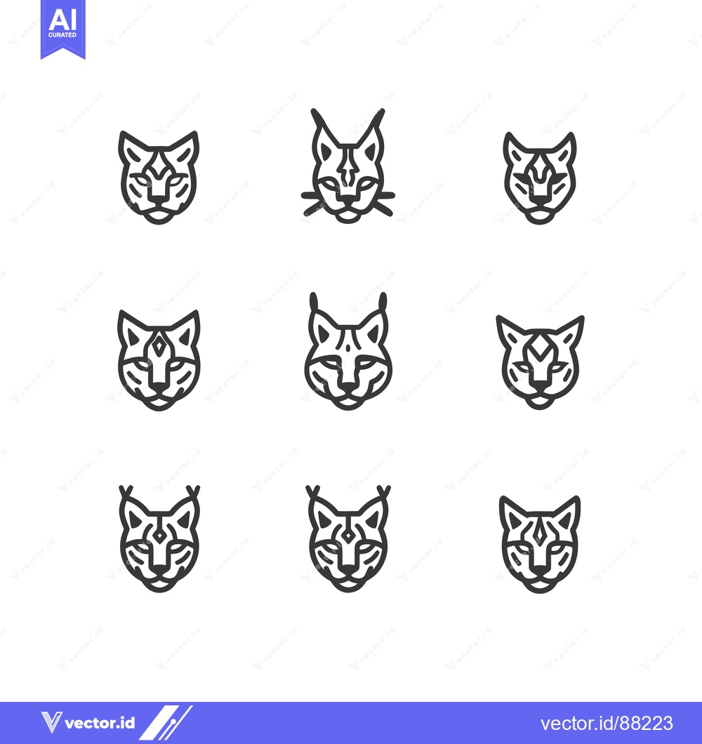 Premium Vector of Nine Outline Illustrations of Lynx Heads with Different Ear Shapes