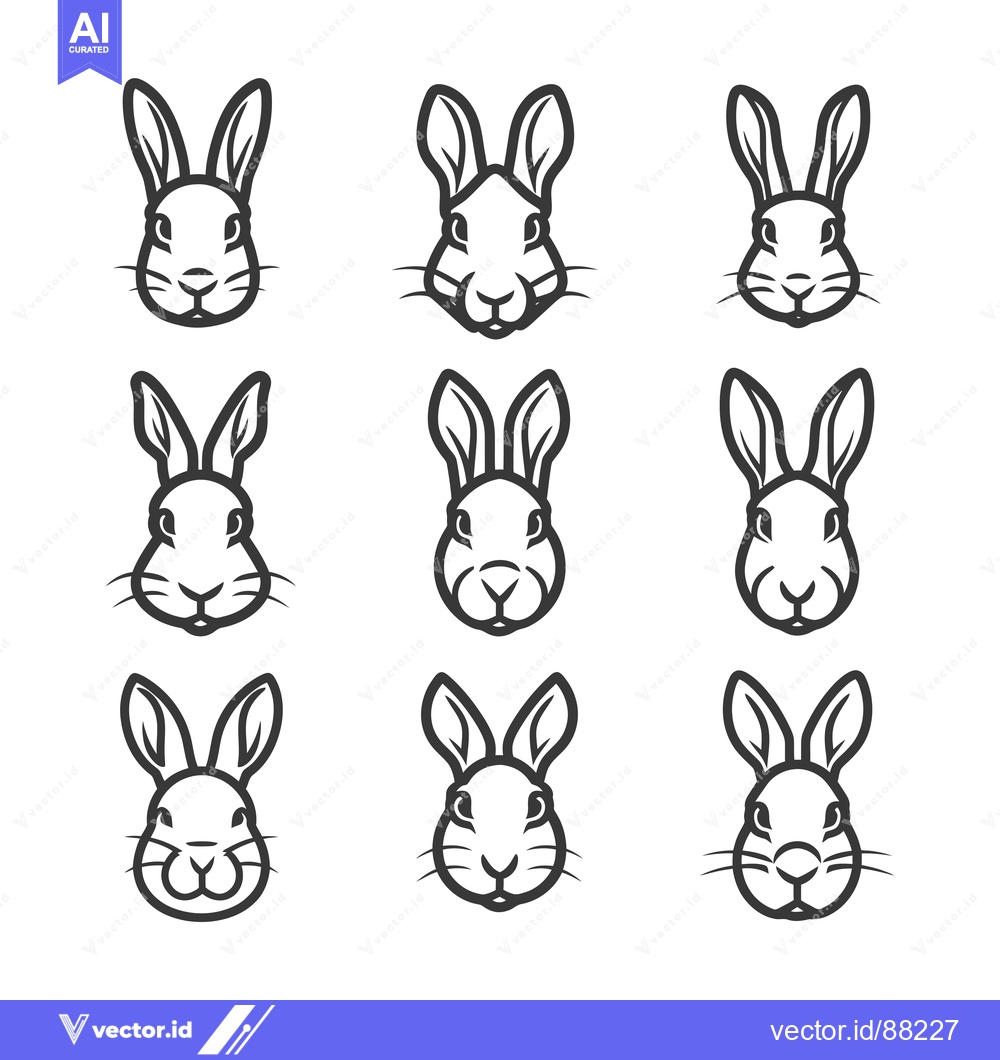 Premium Vector of Nine Outline Illustrations of Rabbit Heads Facing Forward