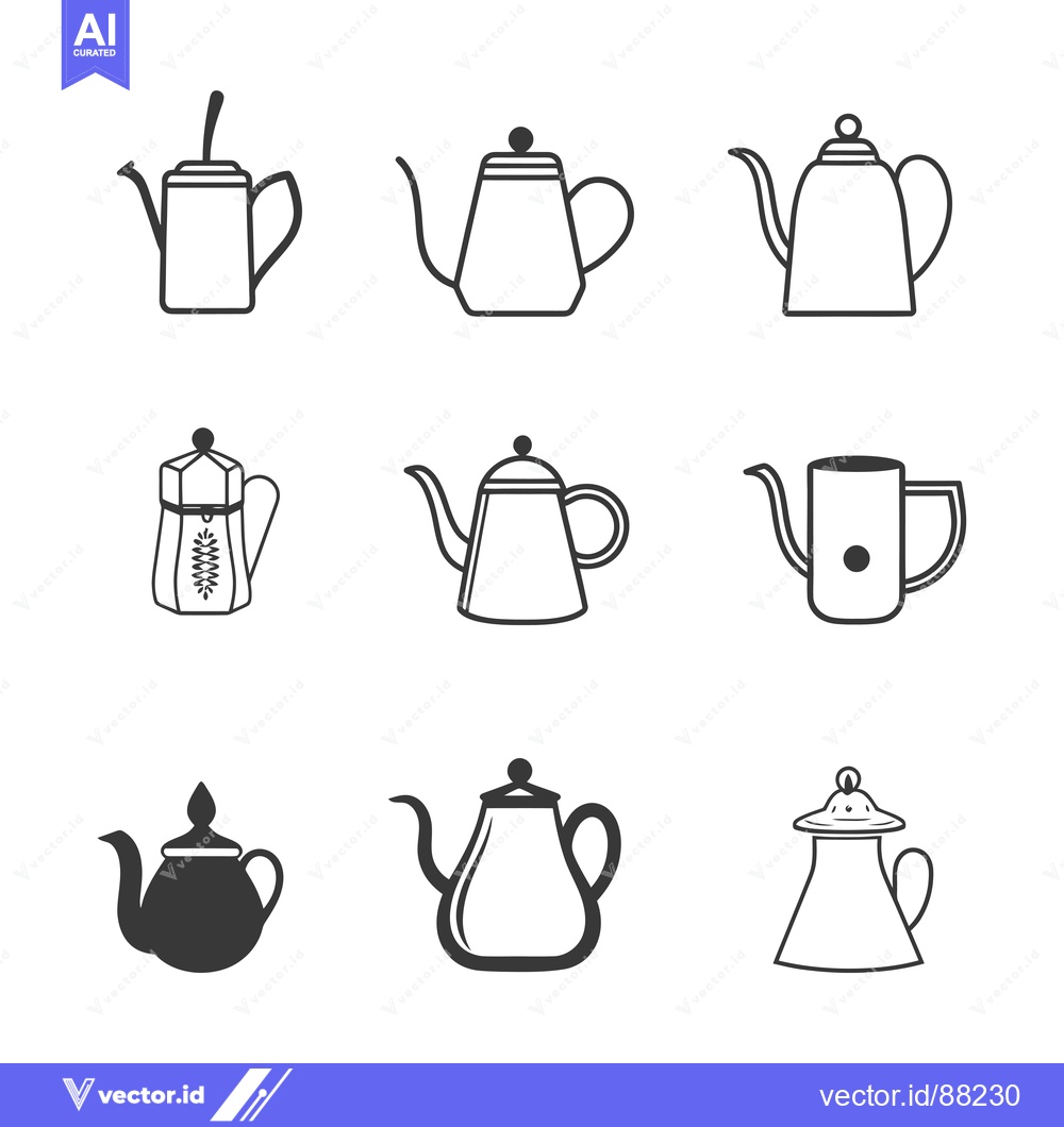 Premium Vector dari Nine Outline Illustrations of Teapots with Varying Styles and Designs