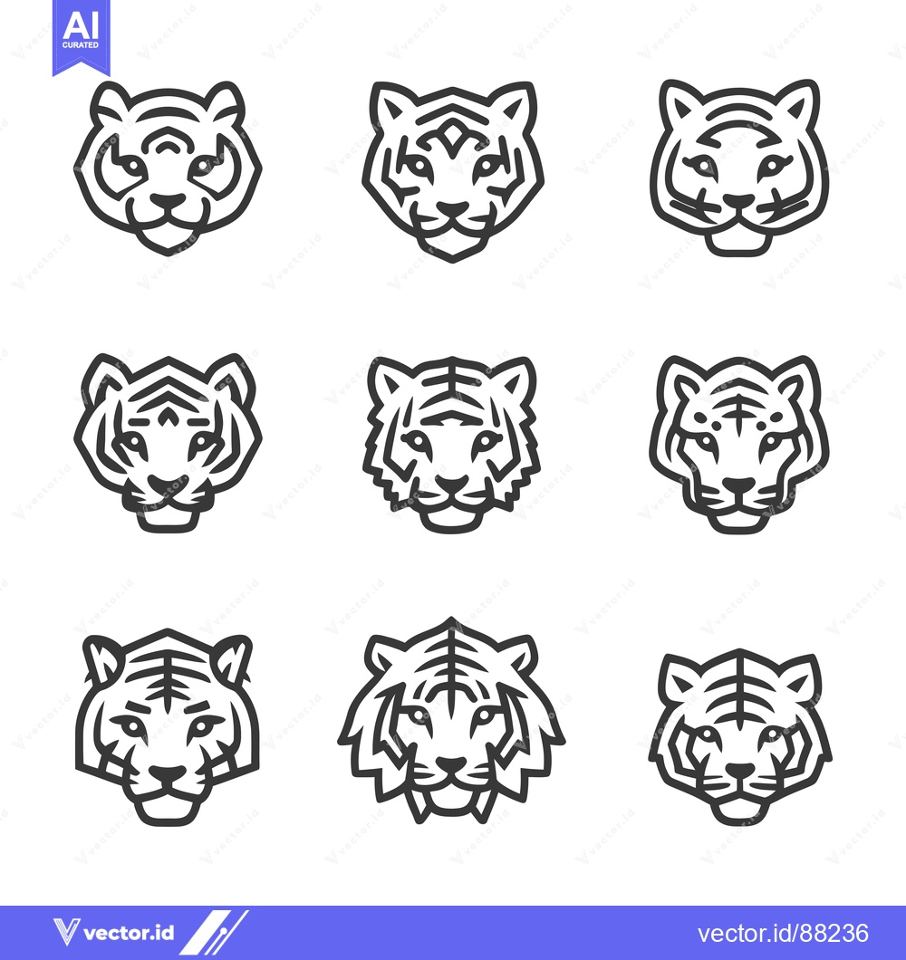 Premium Vector dari Nine Outline Tiger Heads Facing Forward with Varying Stripe Patterns
