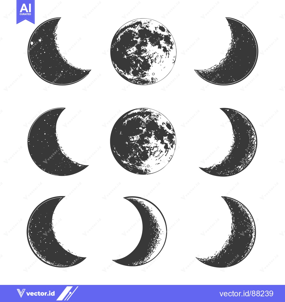 Premium Vector dari Nine Phases of the Moon in Grayscale Illustration