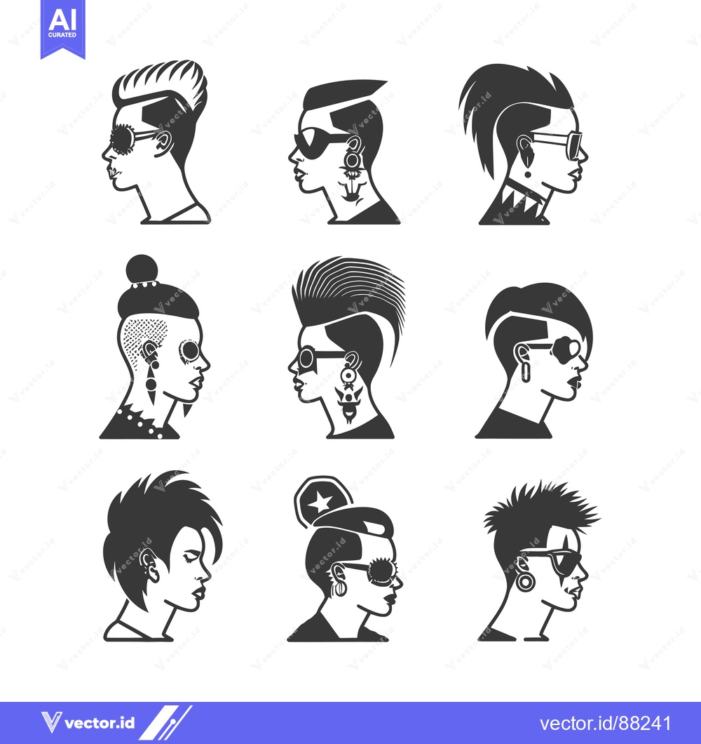 Premium Vector dari Nine Profile Portraits of People with Unique Hairstyles and Accessorie