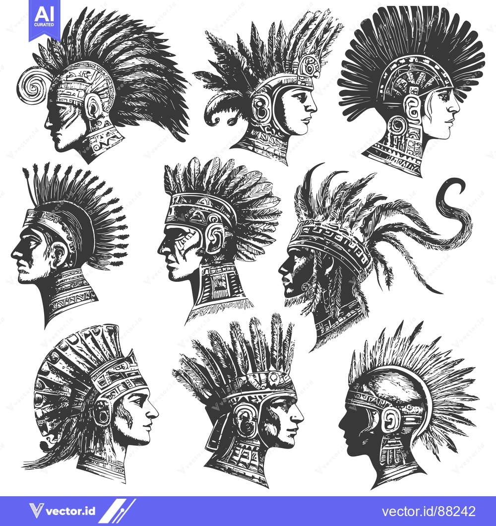 Premium Vector of Nine Profiles of Indigenous People Wearing Elaborate Feather Headdress