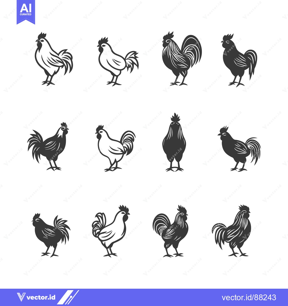 Premium Vector of Nine Rooster Silhouettes in Different Poses