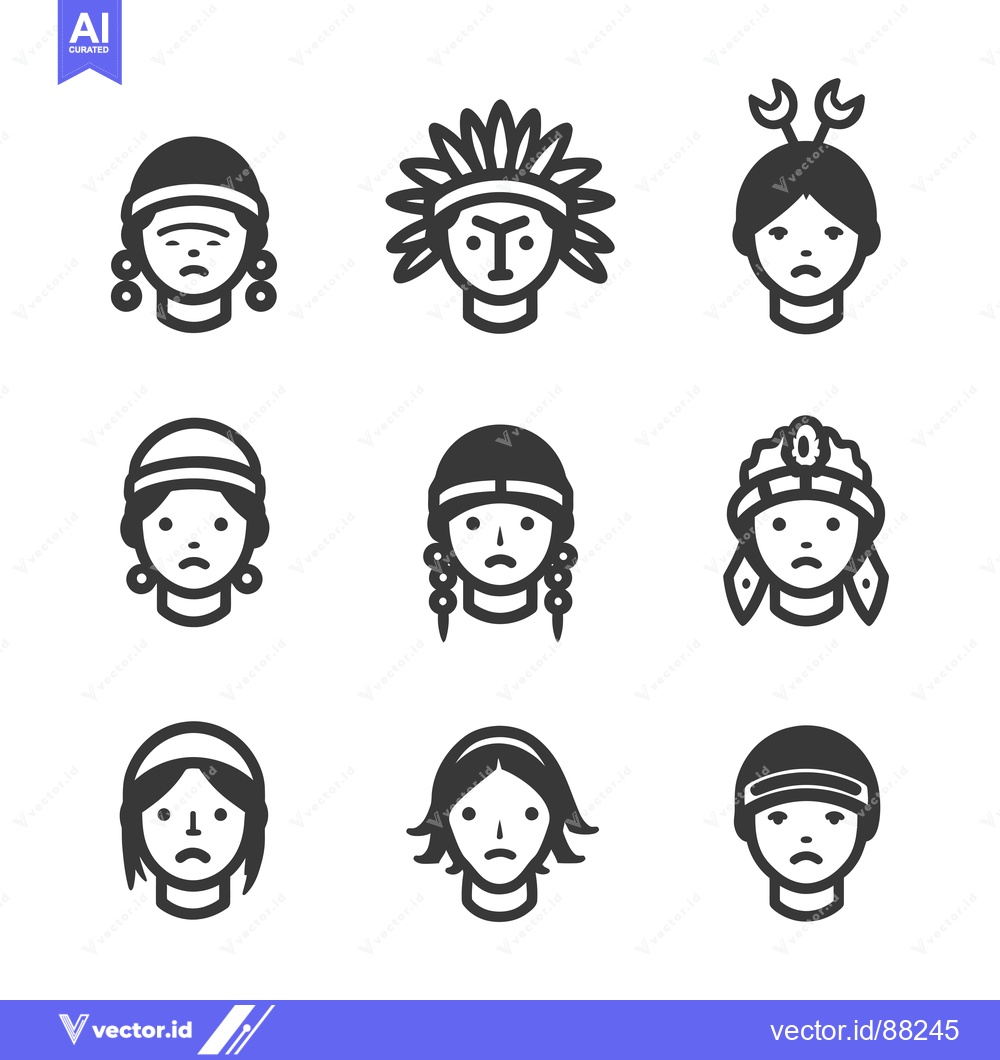 Premium Vector of Nine Sad Native American Icons with Headwear
