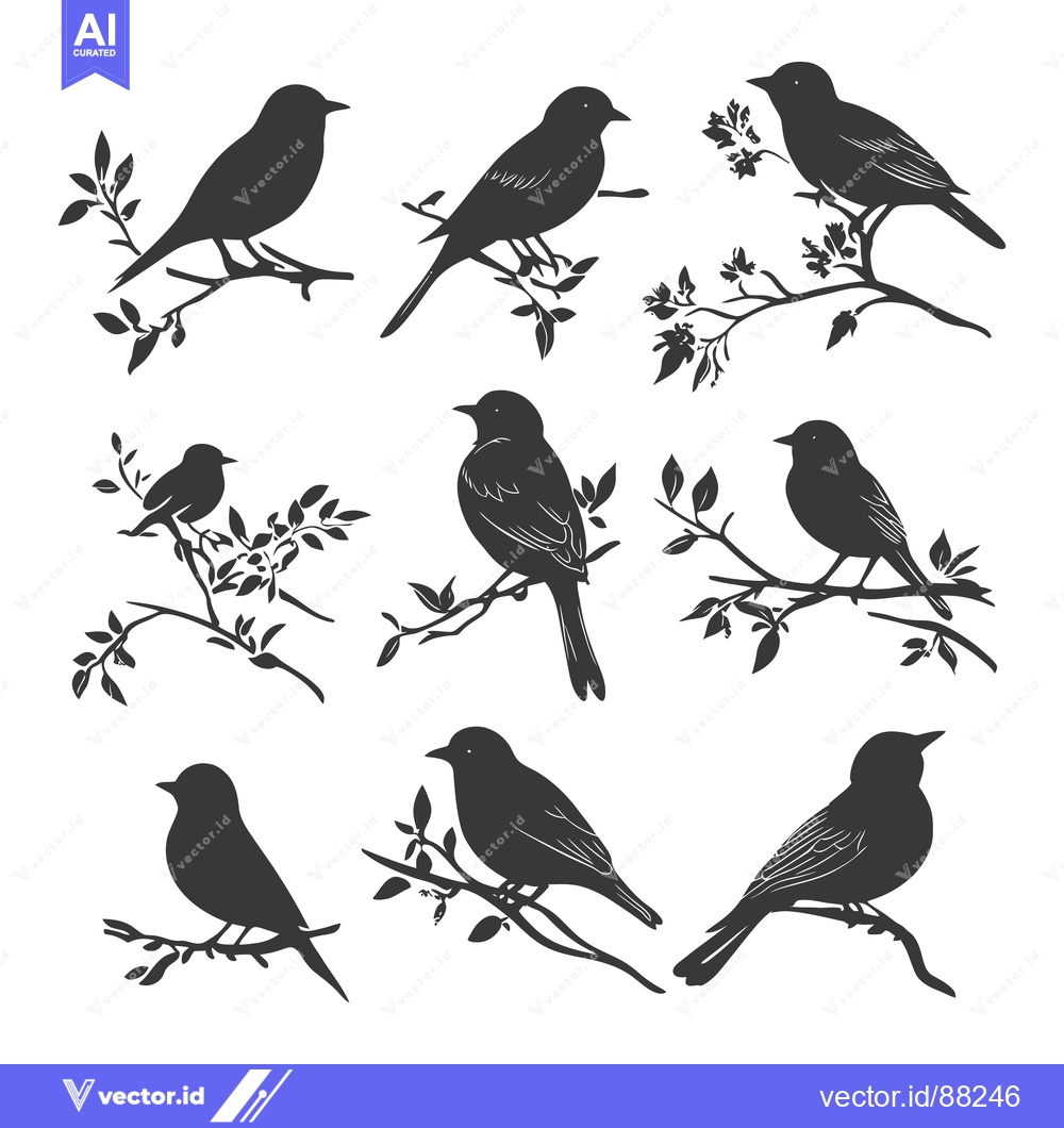 Premium Vector dari Nine Silhouette Birds Perched on Branches with Leaves