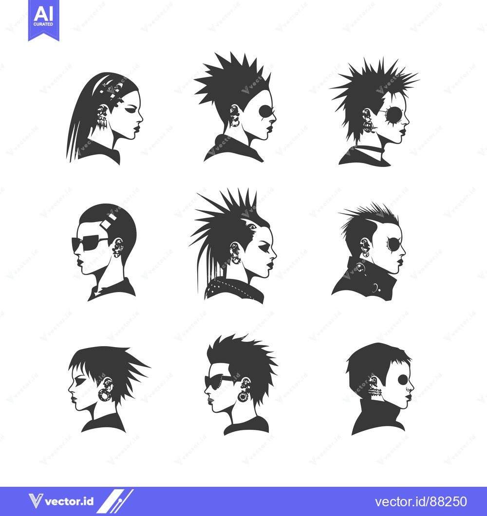 Premium Vector of Nine Silhouette Portraits of People with Punk Hairstyles and Piercings