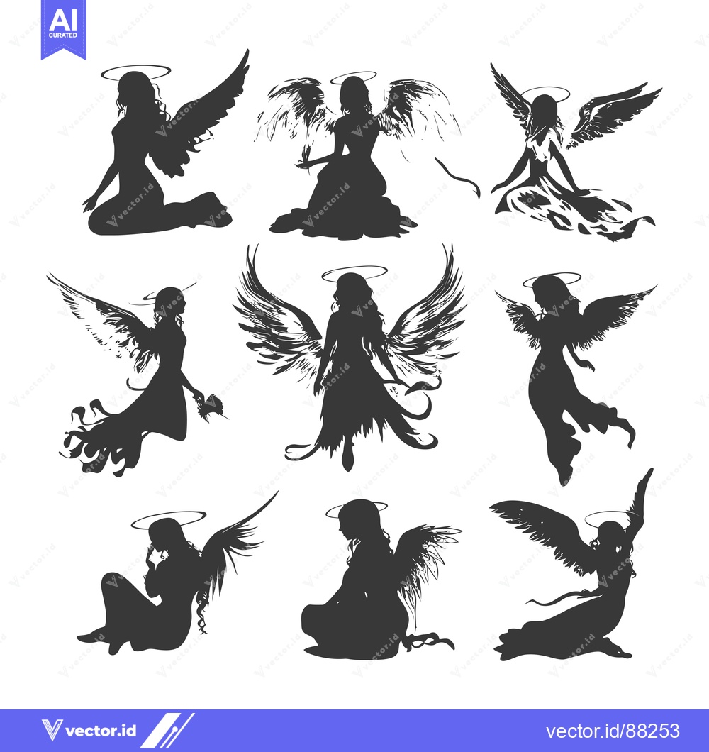 Premium Vector dari Nine Silhouettes of Angels with Wings and Halos