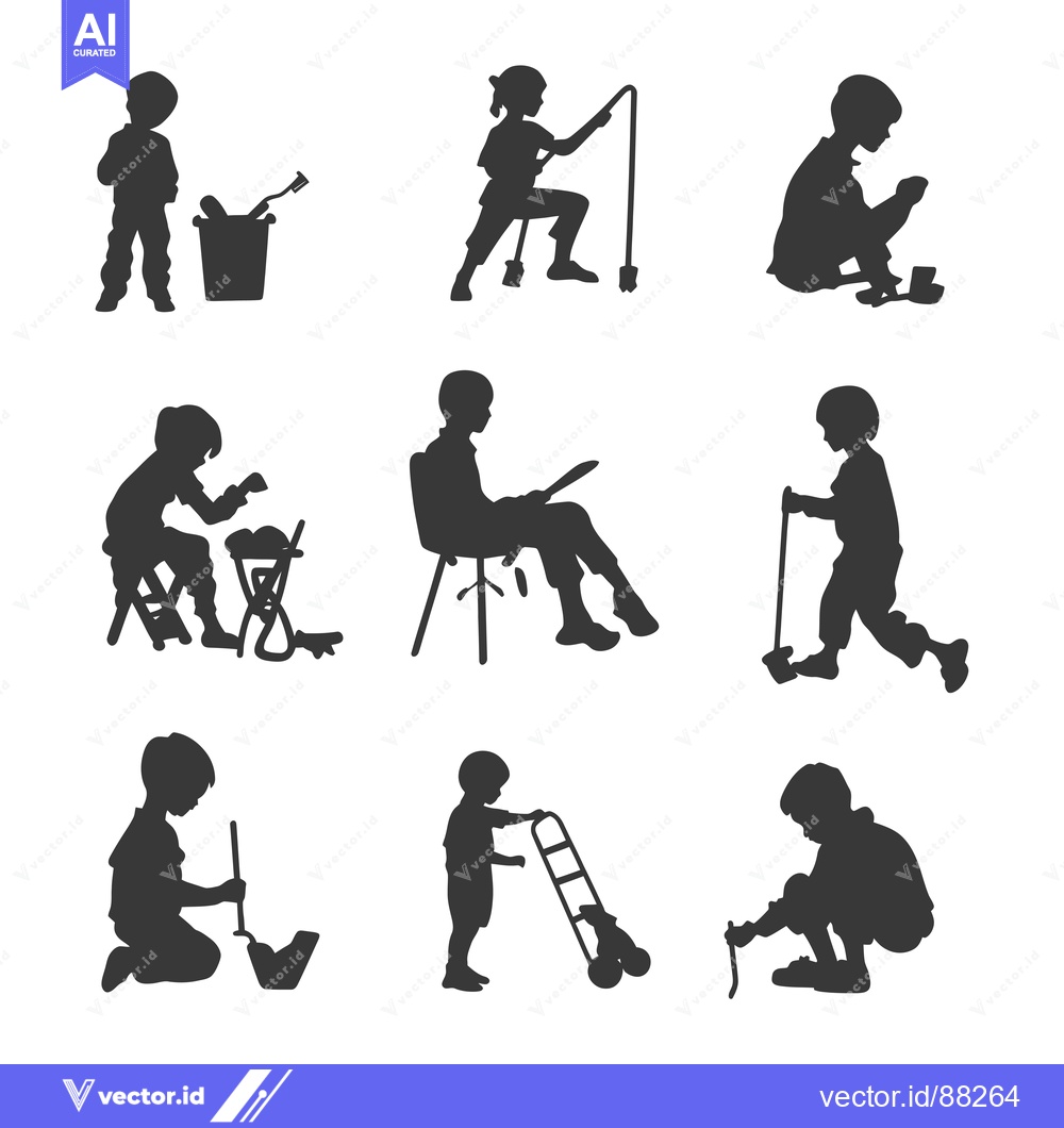 Premium Vector of Nine Silhouettes of Children Engaged in Playful Activities