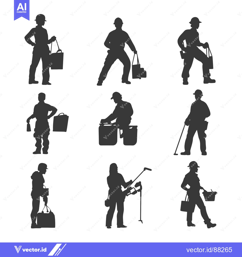 Premium Vector dari Nine Silhouettes of Construction Workers with Tools and Equipment