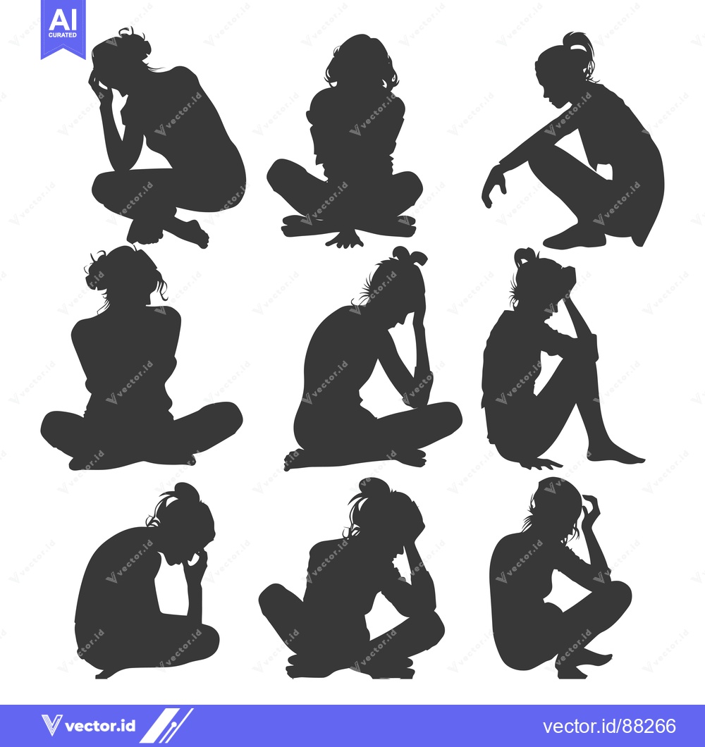 Premium Vector dari Nine Silhouettes of Depressed Women Sitting With Their Heads in Their