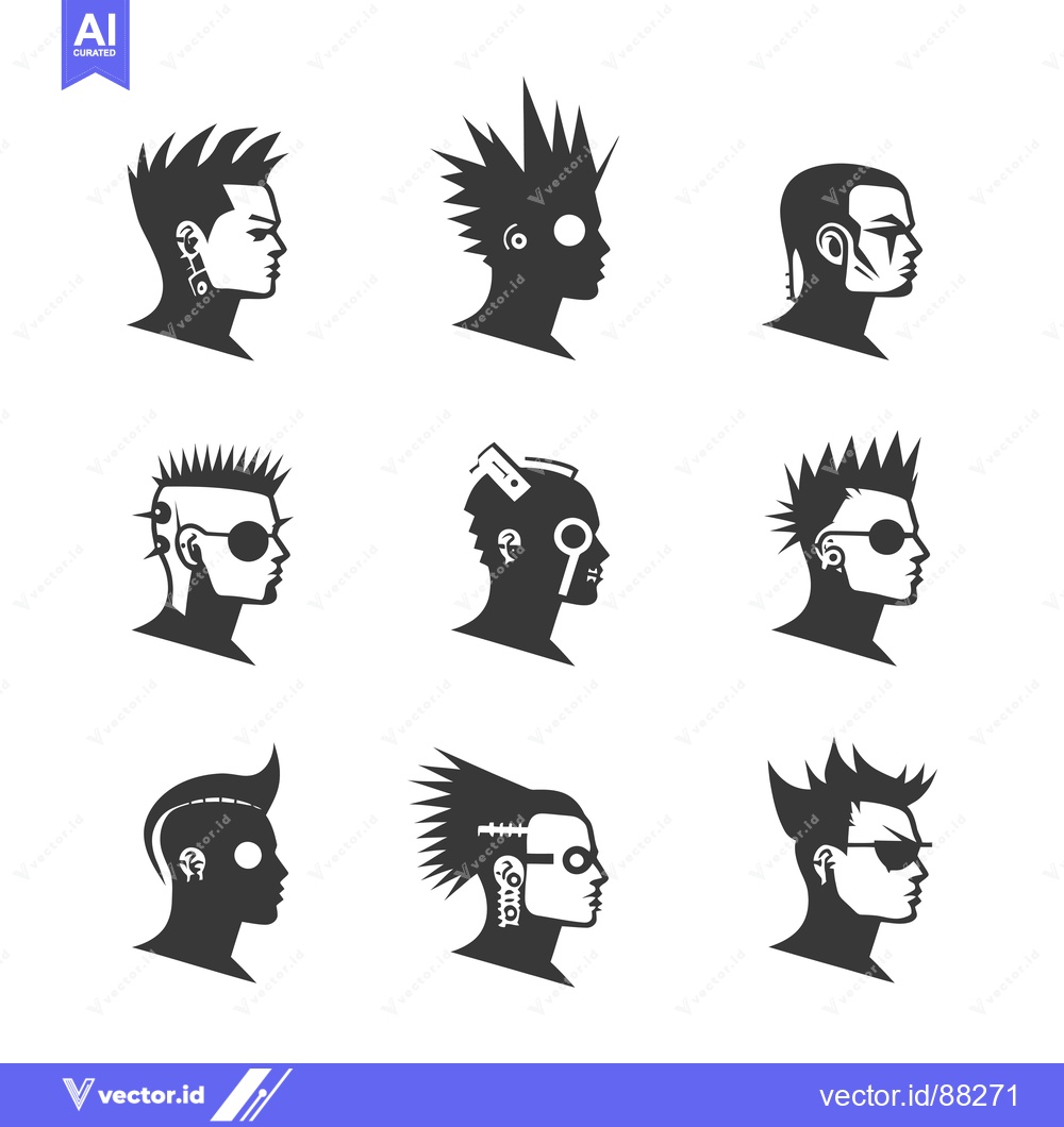 Premium Vector of Nine Silhouettes of Individuals with Spiky Hairstyles and Facial Featu
