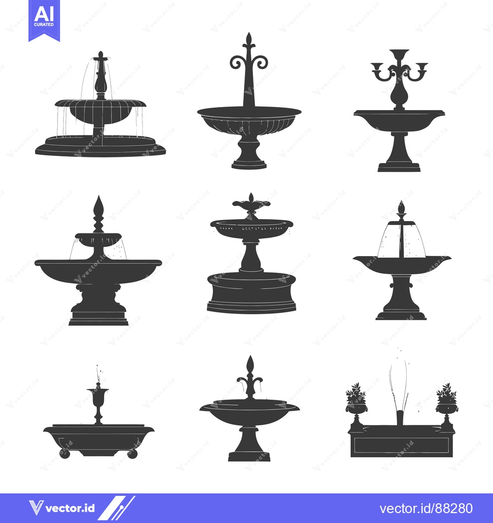 Premium Vector of Nine Silhouettes of Ornate Fountains and Water Features