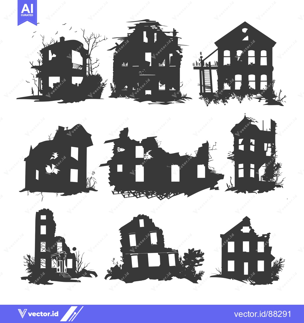 Premium Vector of Nine Silhouettes of Ruined Buildings with Broken Windows and Overgrown