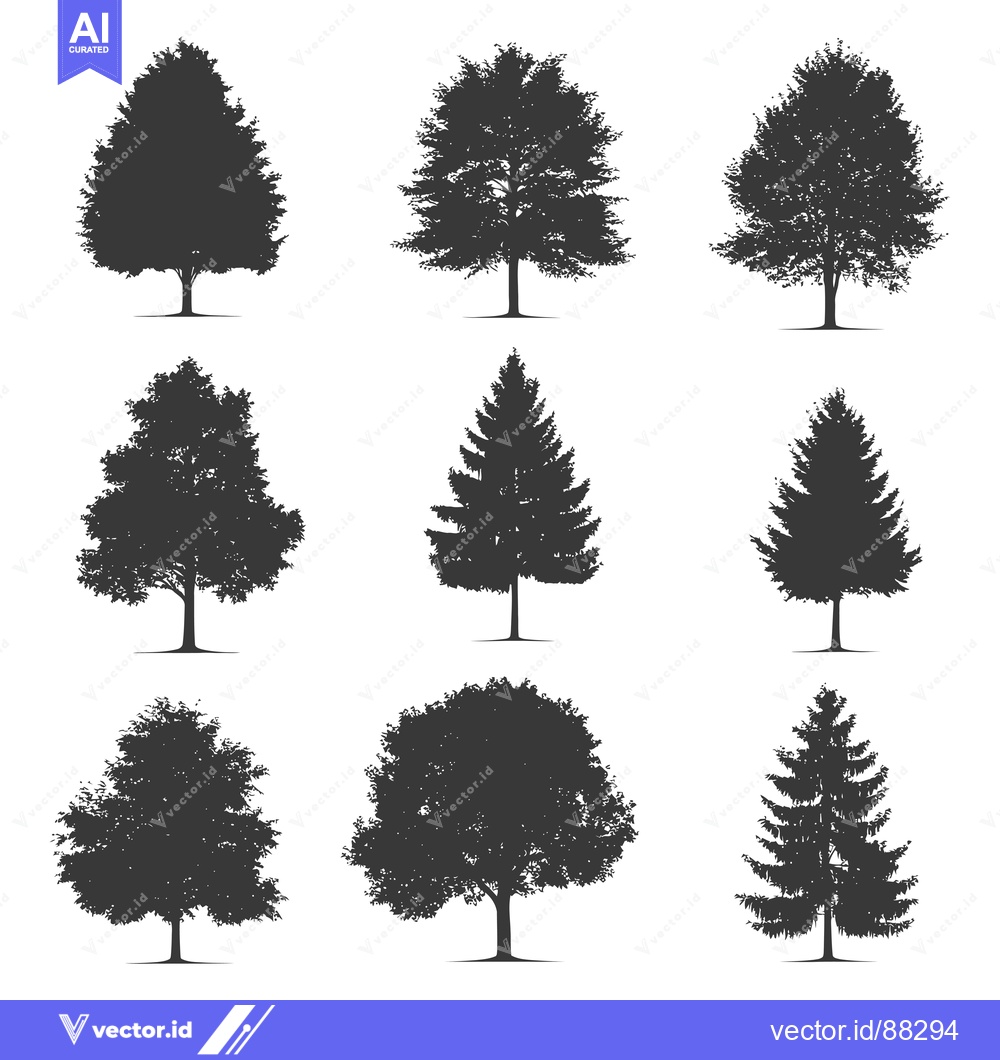 Premium Vector dari Nine Silhouettes of Trees with Different Shapes and Sizes