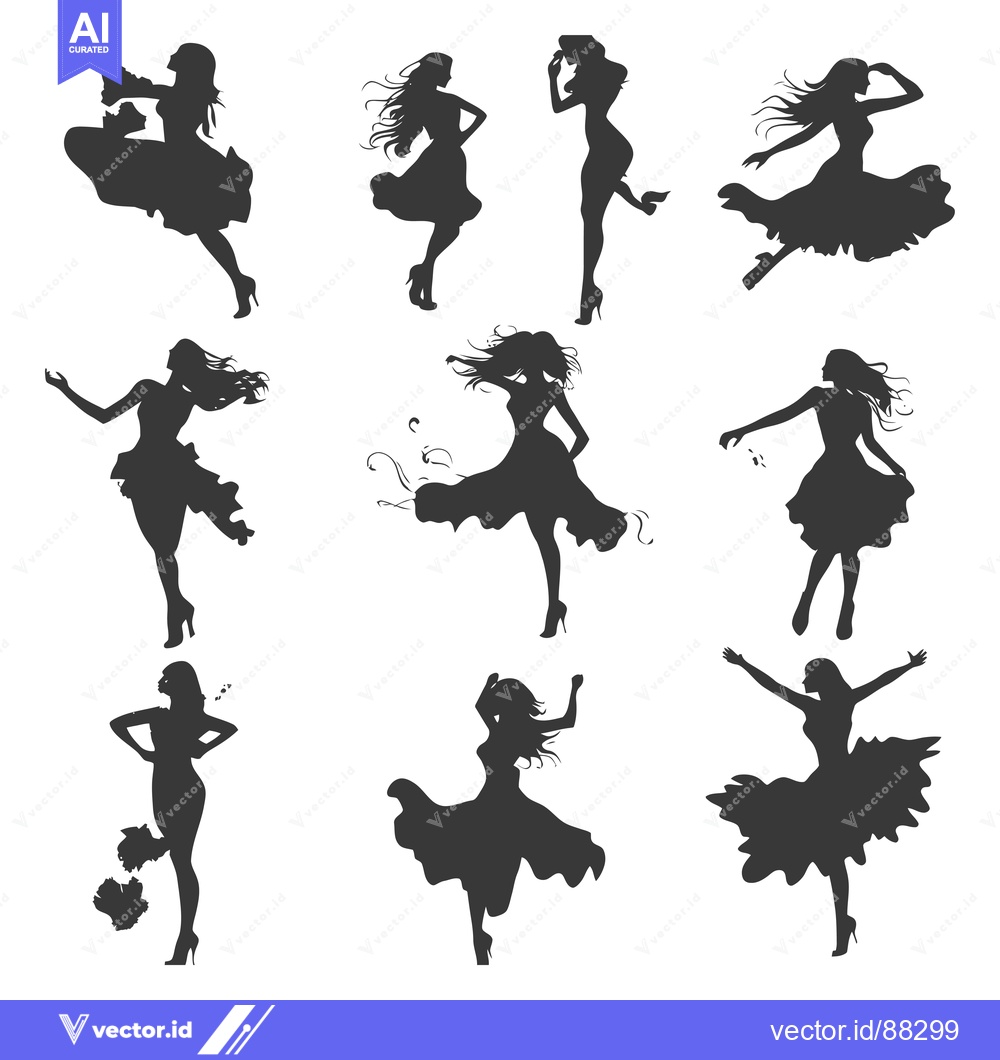 Premium Vector dari Nine Silhouettes of Women in Dresses and Various Poses