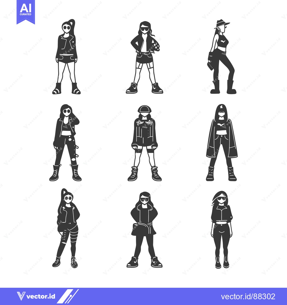 Premium Vector dari Nine Silhouettes of Women in Trendy Outfits with Sunglasses