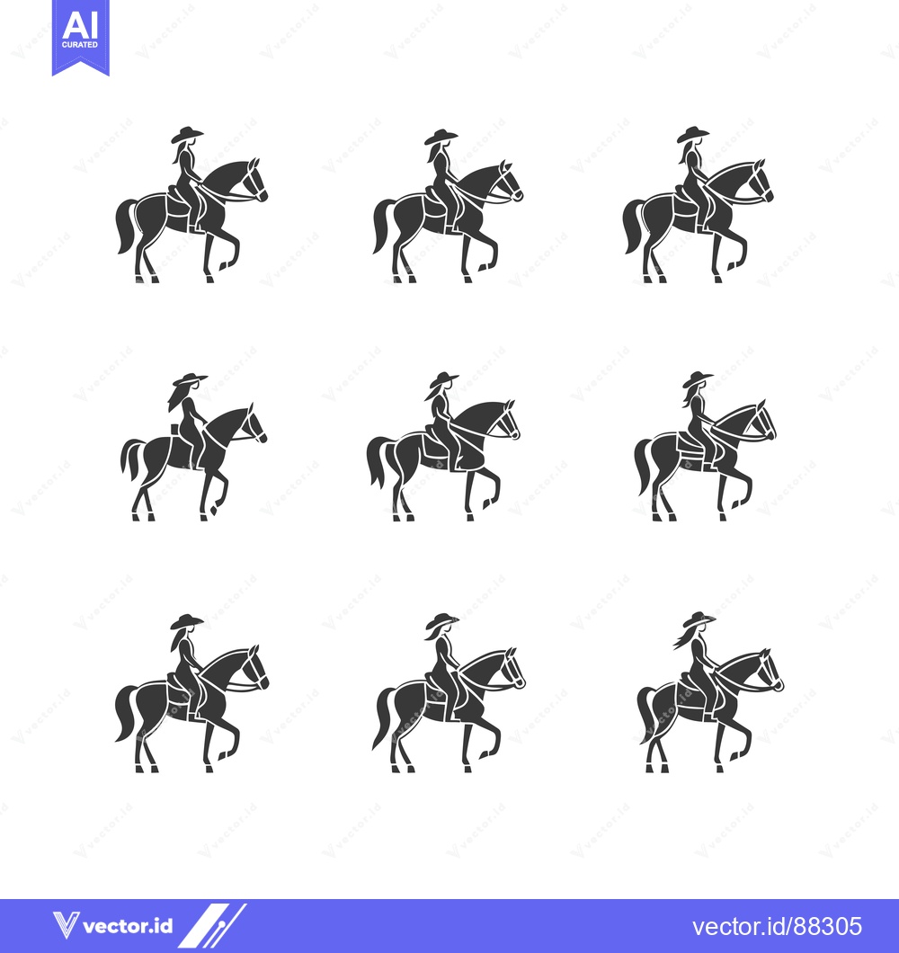 Premium Vector of Nine Silhouettes of Women Riding Horses
