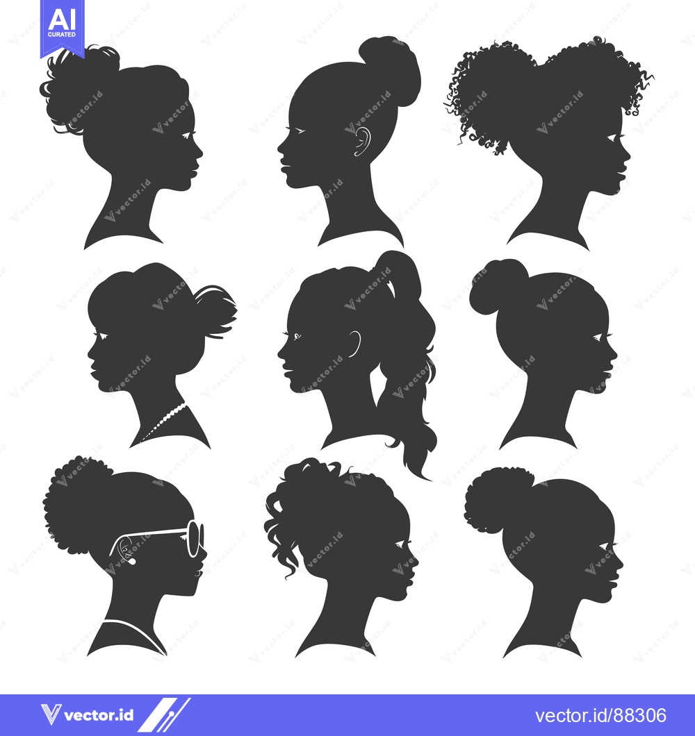 Premium Vector of Nine Silhouettes of Women's Heads in Profile