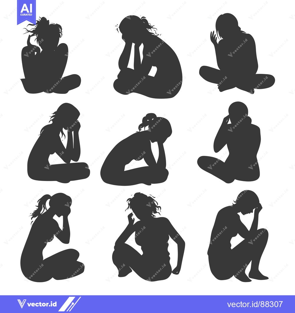 Premium Vector dari Nine Silhouettes of Women Sitting in a Depressed Posture