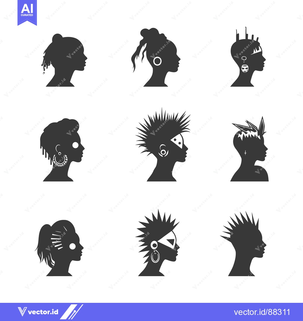 Premium Vector of Nine Silhouettes of Women's Profiles with Different Hairstyles and Acc