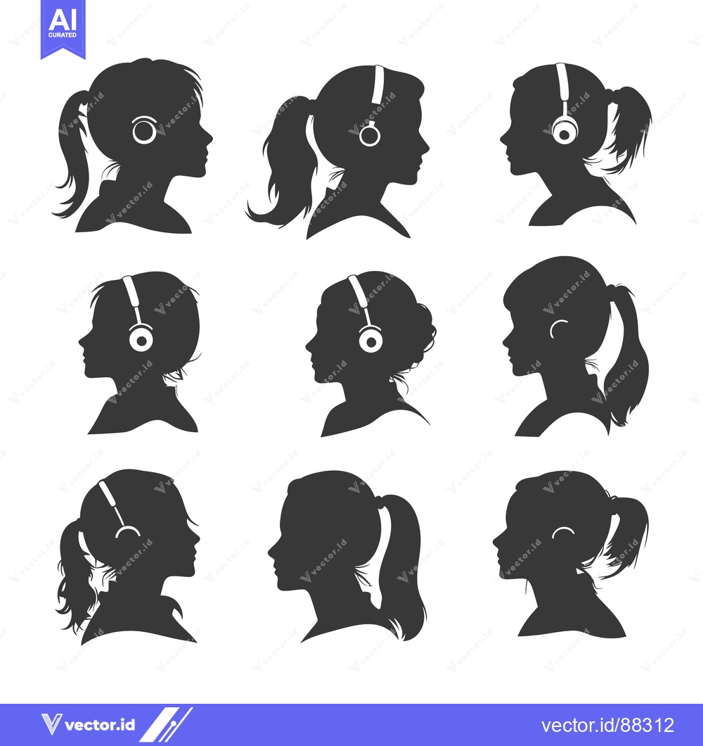 Premium Vector of Nine Silhouettes of Women Wearing Headphones, Profile View