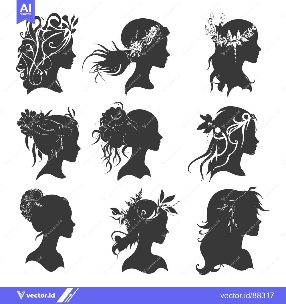Premium Vector of Nine Silhouettes of Women with Floral Headbands