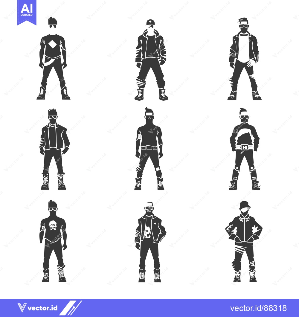 Premium Vector dari Nine Silhouettes of Young Men Wearing Casual Streetwear and Accessorie