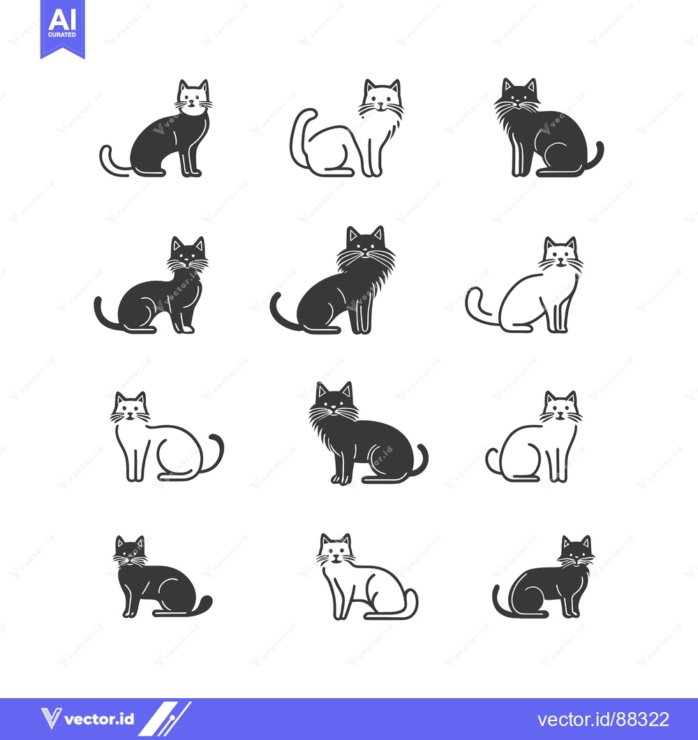 Premium Vector dari Nine Simple Black and White Cat Icons, Sitting Position