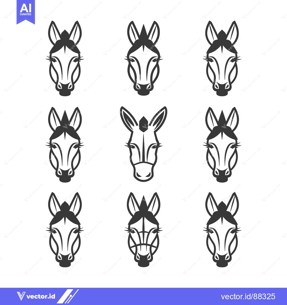 Premium Vector dari Nine Simple Black and White Donkey Faces