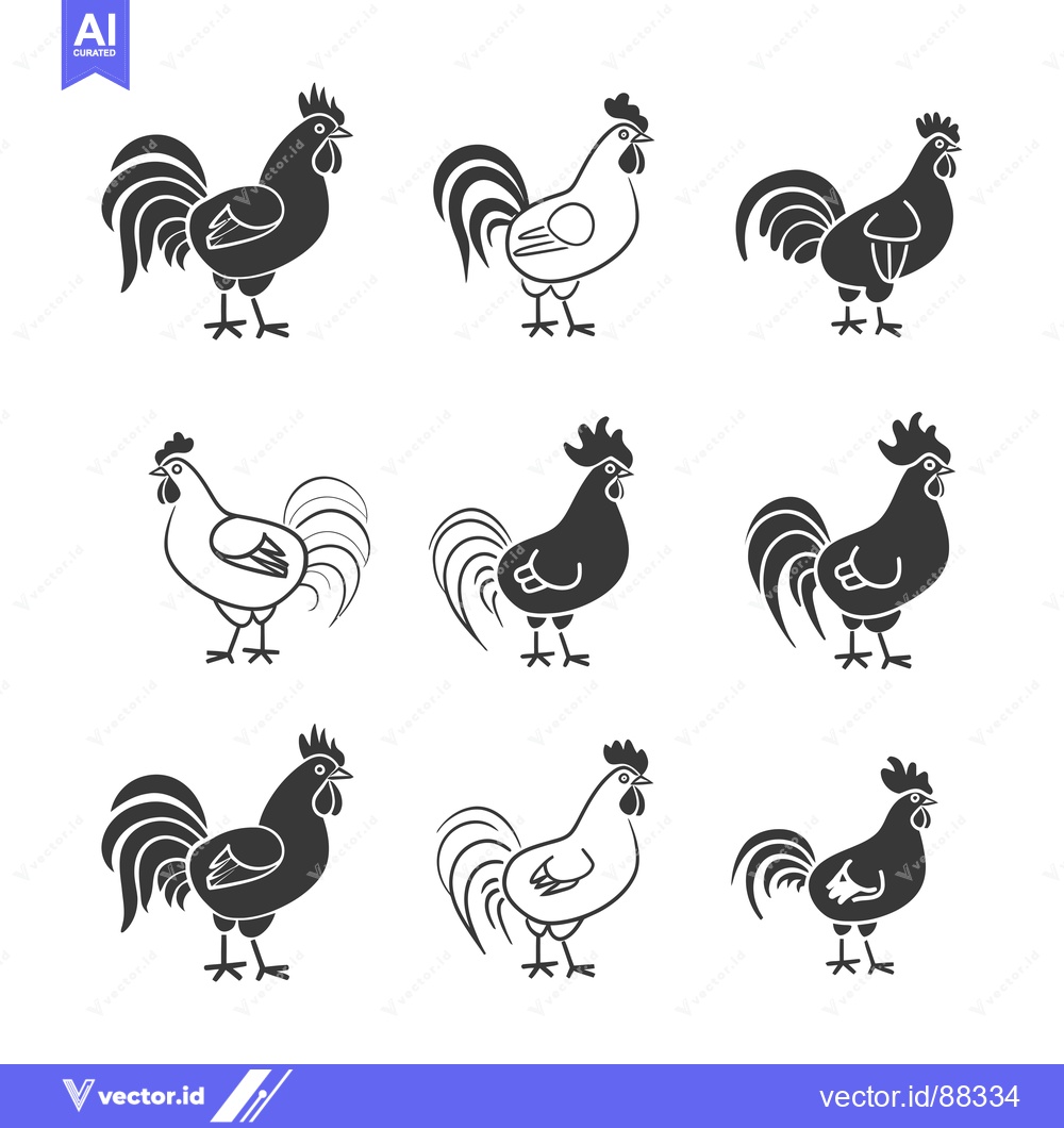 Premium Vector dari Nine Simple Black and White Rooster Illustrations