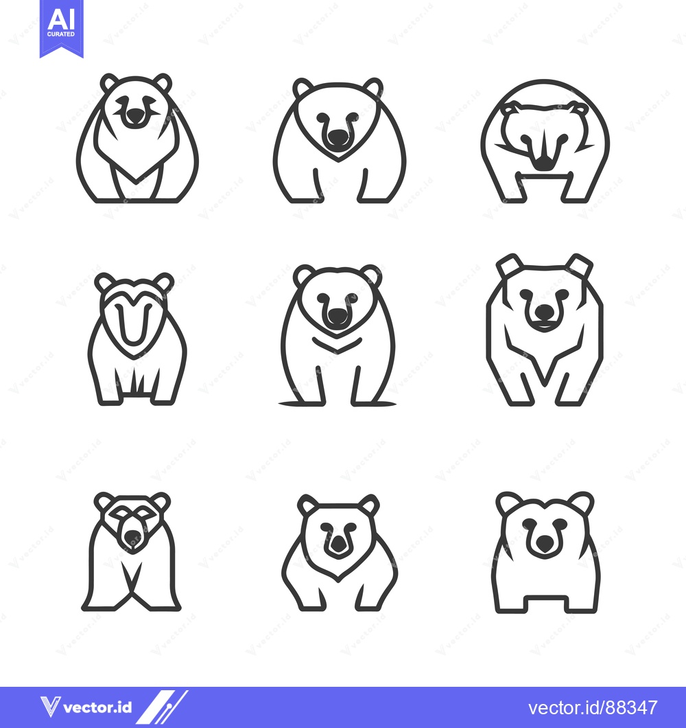 Premium Vector dari Nine Simple Line Drawings of Bears in Different Poses