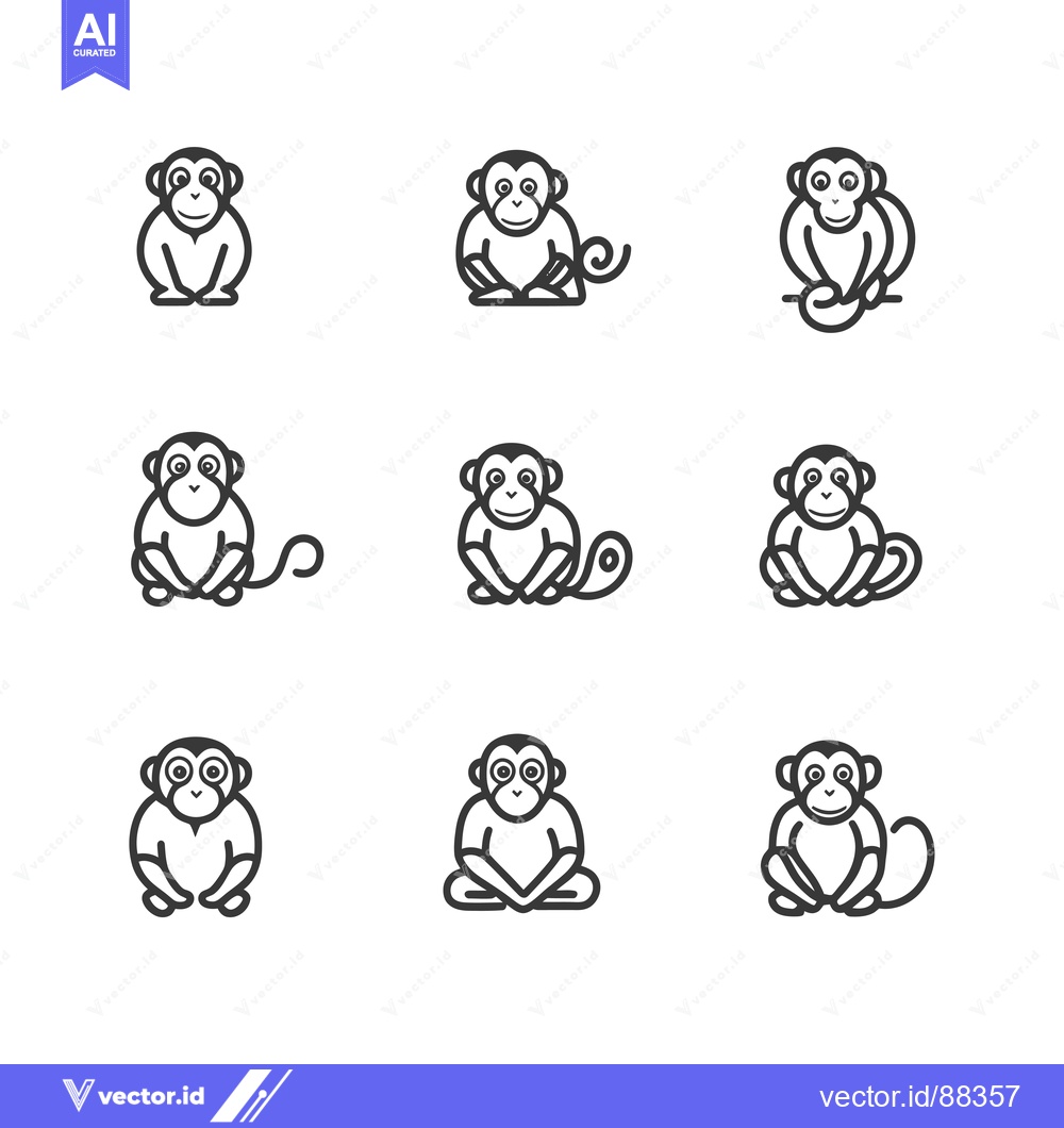 Premium Vector dari Nine Simple Line Drawings of Monkeys in Various Poses