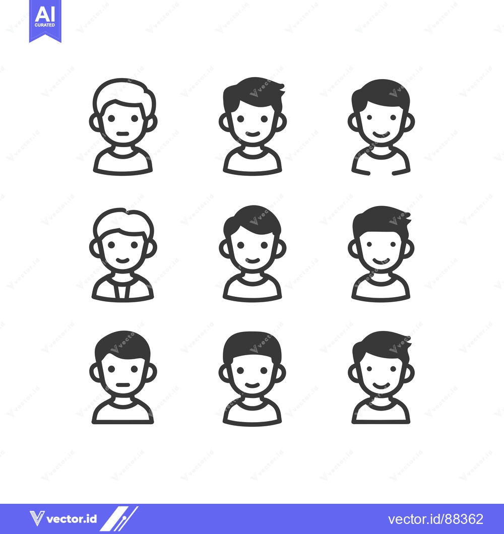 Premium Vector of Nine Simple Line Drawings of Smiling Male Characters