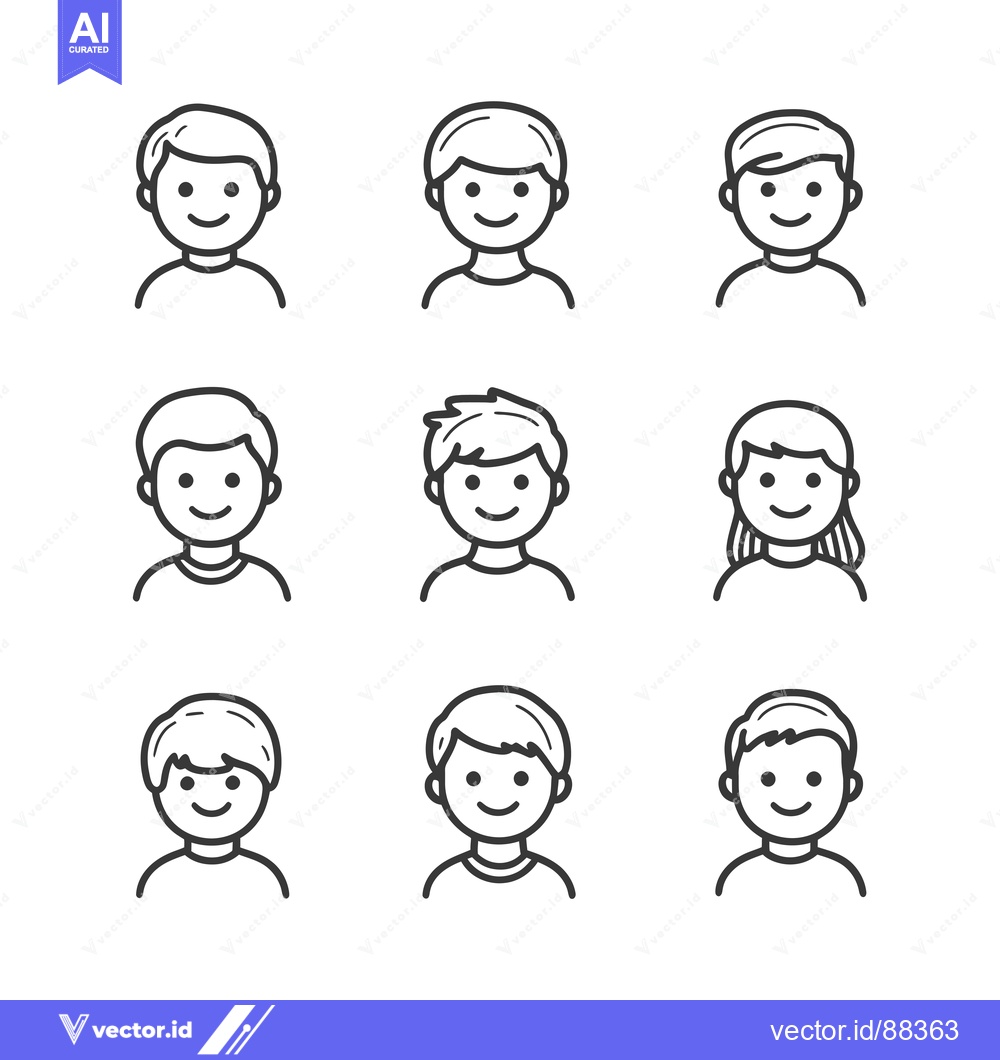 Premium Vector dari Nine Simple Line Drawings of Smiling People with Different Hairstyles