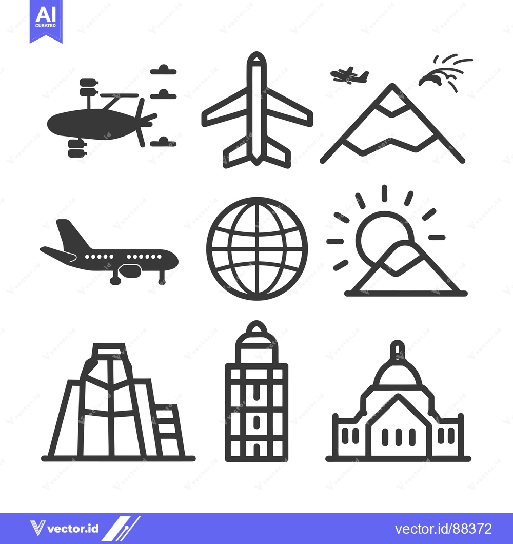 Premium Vector of Nine Simple Travel Icons of Planes, Mountains, Buildings, and a Globe