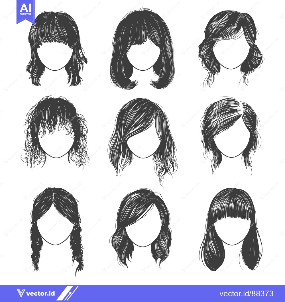 Premium Vector dari Nine Sketches of Women's Hairstyles with Bangs and Braids