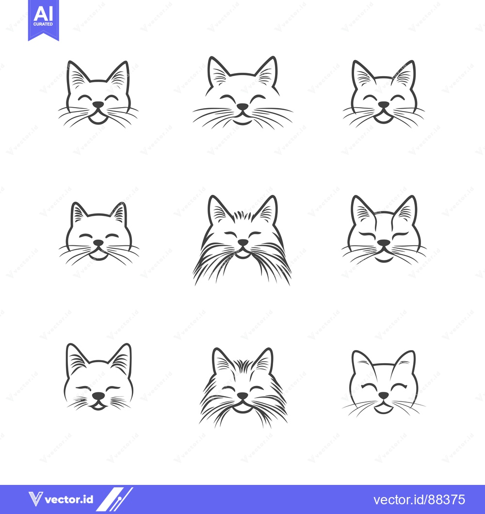 Premium Vector dari Nine Smiling Cat Face Icons with Different Fur and Whiskers