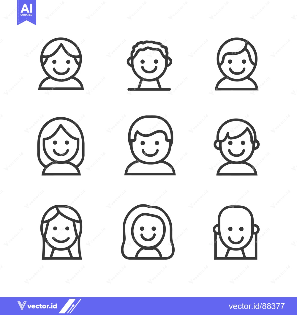 Premium Vector of Nine Smiling Human Profile Icons in Line Art Style
