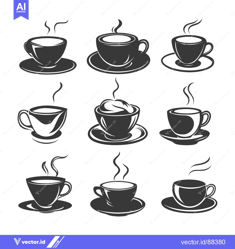 Premium Vector dari Nine Steaming Coffee Cups with Saucers
