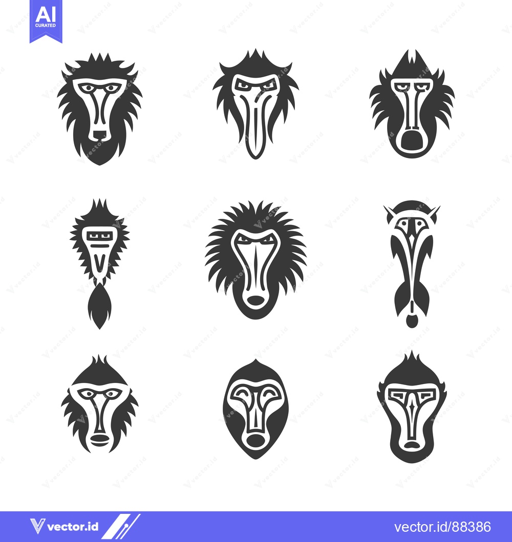 Premium Vector of Nine Stylized Black and White Baboon Faces