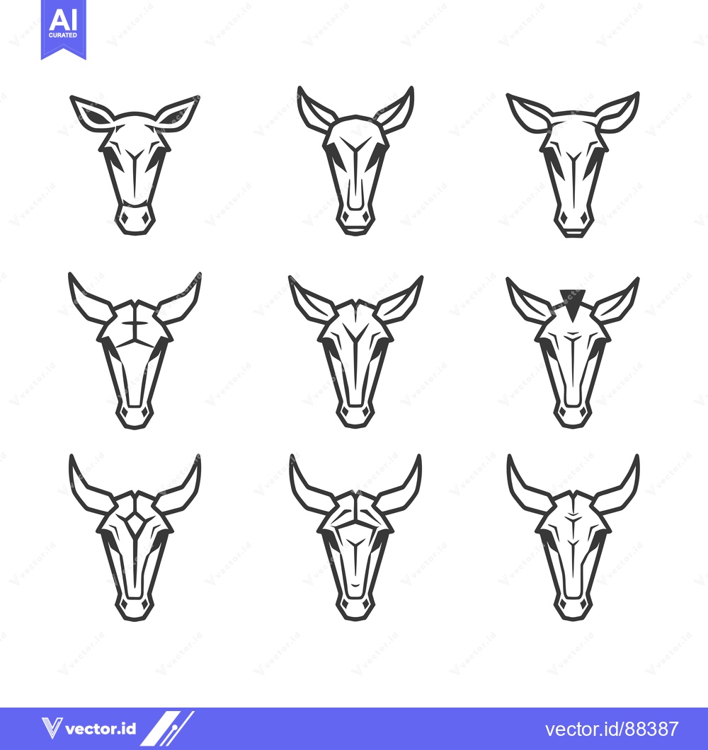 Premium Vector dari Nine stylized black and white bull head variations