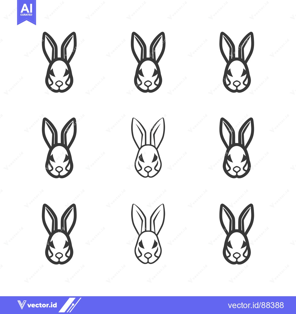 Premium Vector of Nine Stylized Black and White Bunny Heads in a 3x3 Grid