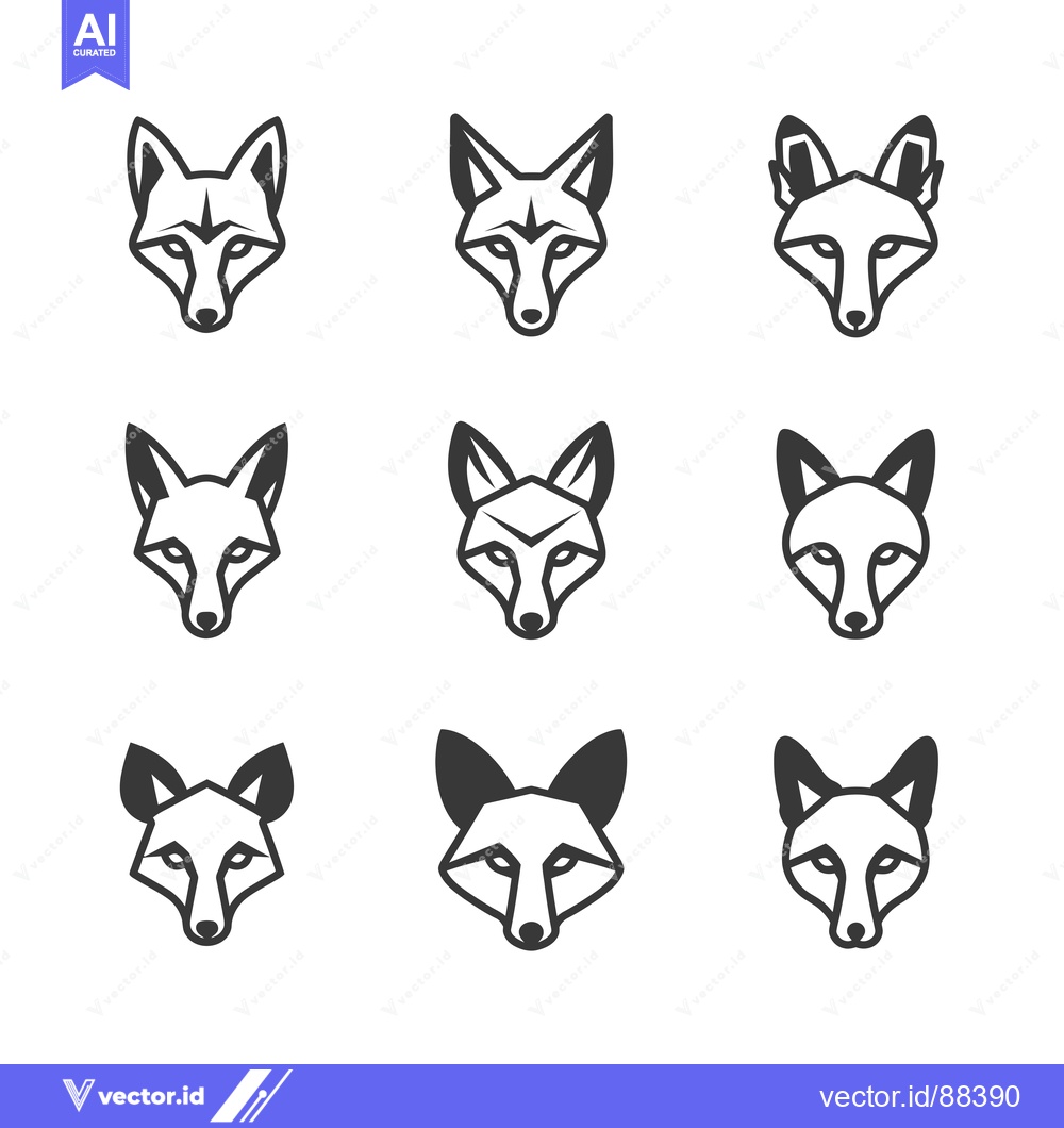 Premium Vector dari Nine stylized black and white fox head illustrations