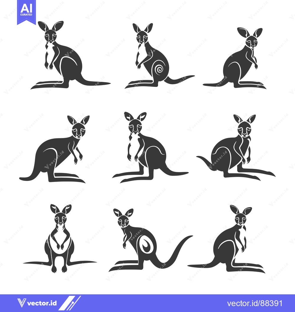 Premium Vector dari Nine Stylized Black and White Kangaroo Silhouettes in Various Poses