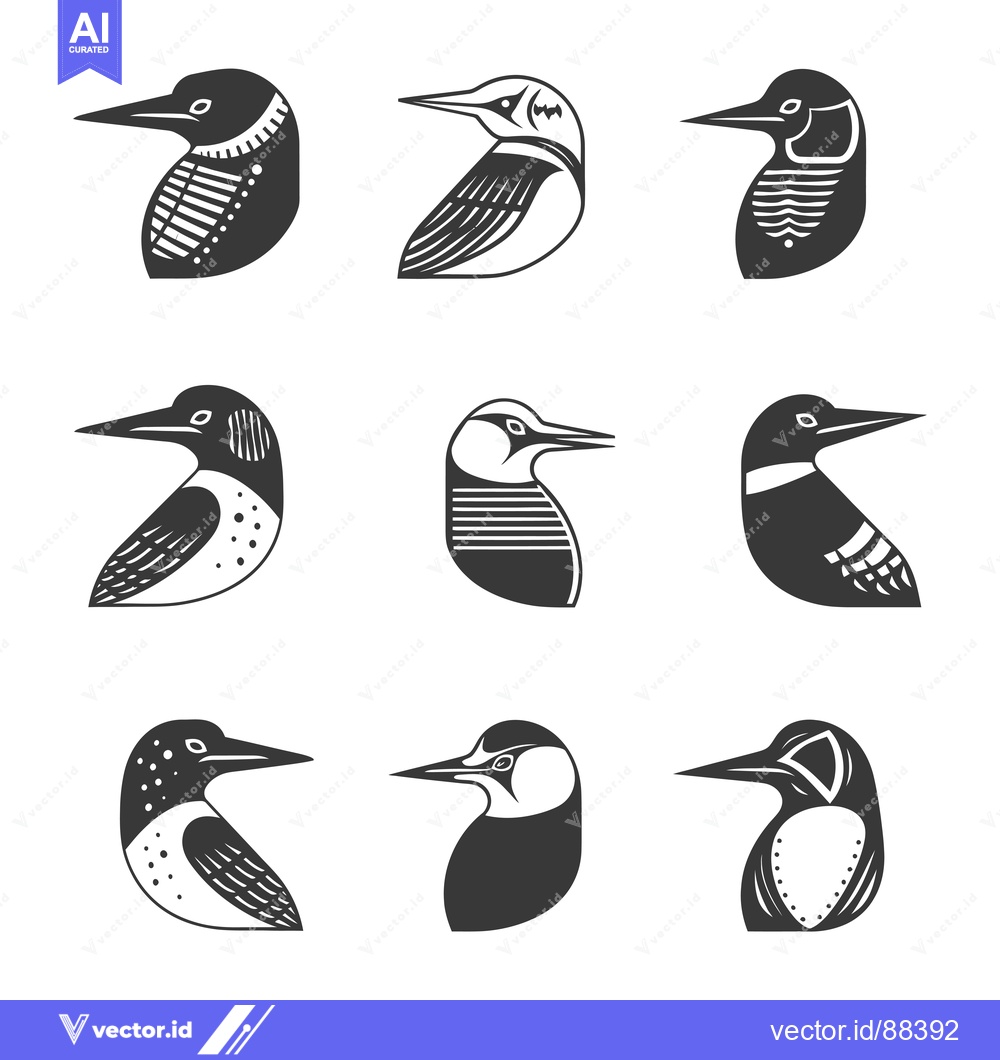 Premium Vector of Nine stylized black and white loon bird illustrations