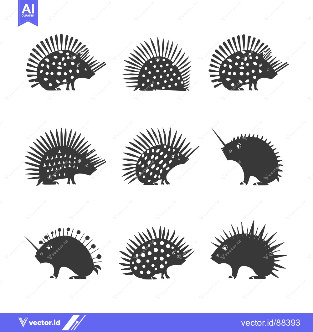 Premium Vector of Nine Stylized Black and White Porcupine Silhouettes